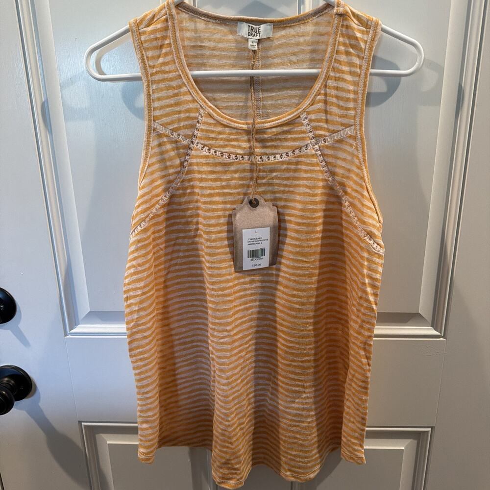 True Craft Women L Tank Top Scoop Neck Racer Back STriped Loose Summer NWT!